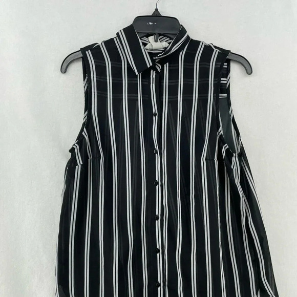 H&M Blouse Women's Sz 6 Black White Striped Sheer Unlined Collared Sleeveless - Picture 7 of 11